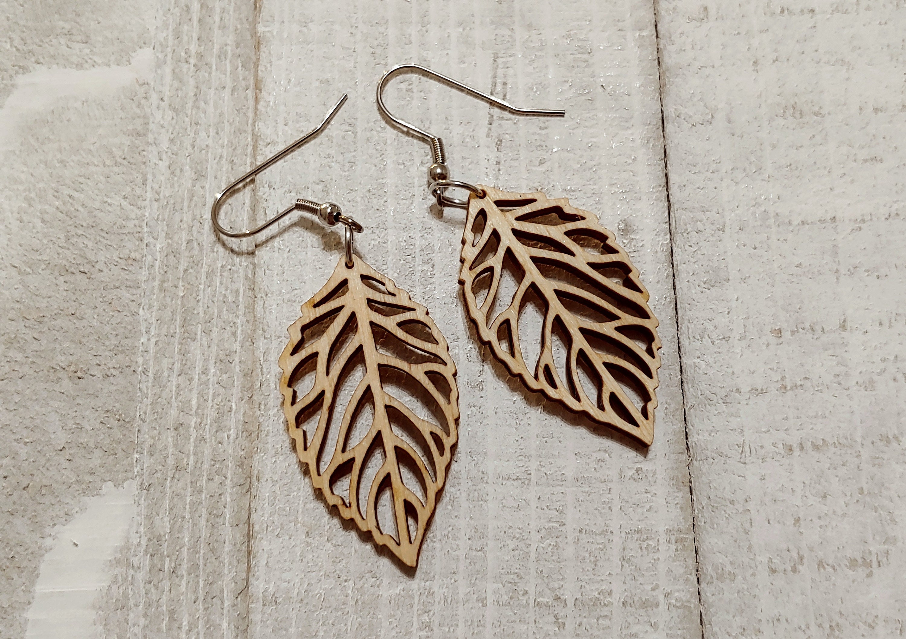 Wood Leaf Earrings Natural Wooden Earrings Filigree Leaves Etsy