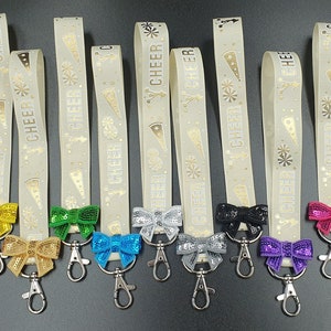 BUY 3 GET 1 FREE Cheer mini keyfob lanyard with bow cheerleading keychain cream wristlet and regular cheercoach id
