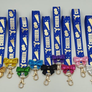 BUY 3 GET 1 FREE Cheer mini keyfob lanyard with bow cheerleading keychain royal blue wristlet and regular cheercoach id