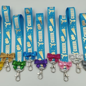 BUY 3 GET 1 FREE Cheer mini keyfob lanyard with bow cheerleading keychain sky blue wristlet and regular cheercoach id