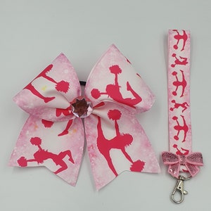 Cheer bow 3&quot; and mini keyfob lanyard with bow cheerleading keychain set cheerleader printed set cheer gift cheer team gift
