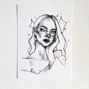 Black and White Girl Print / Medium Sized Postcard / Pen Illustration
