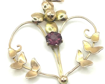 Art Nouveau Openwork 9ct gold garnet heart shaped pendant, Antique Edwardian Jewellery