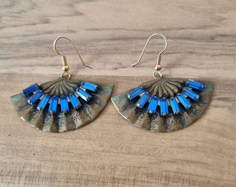 Vintage Blue Fan Earrings, Art Deco Style Dangle Earrings, Drop Earrings