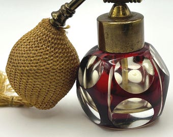 Vintage Ruby Glass Perfume Bottle, Bohemian style Scent Bottle, Czech Miniature Atomiser