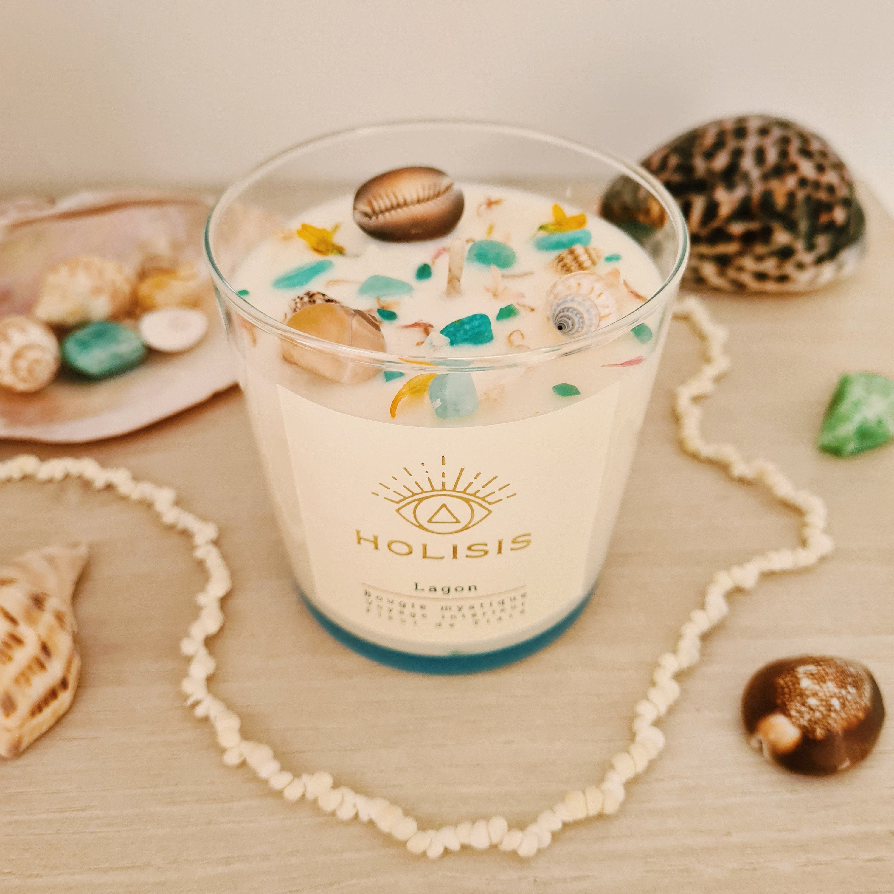 Bougie Mystique L A G O N - Voyage Intérieur Parfum Fleur de Tiaré, Pierres Naturelles d'amazonite, 