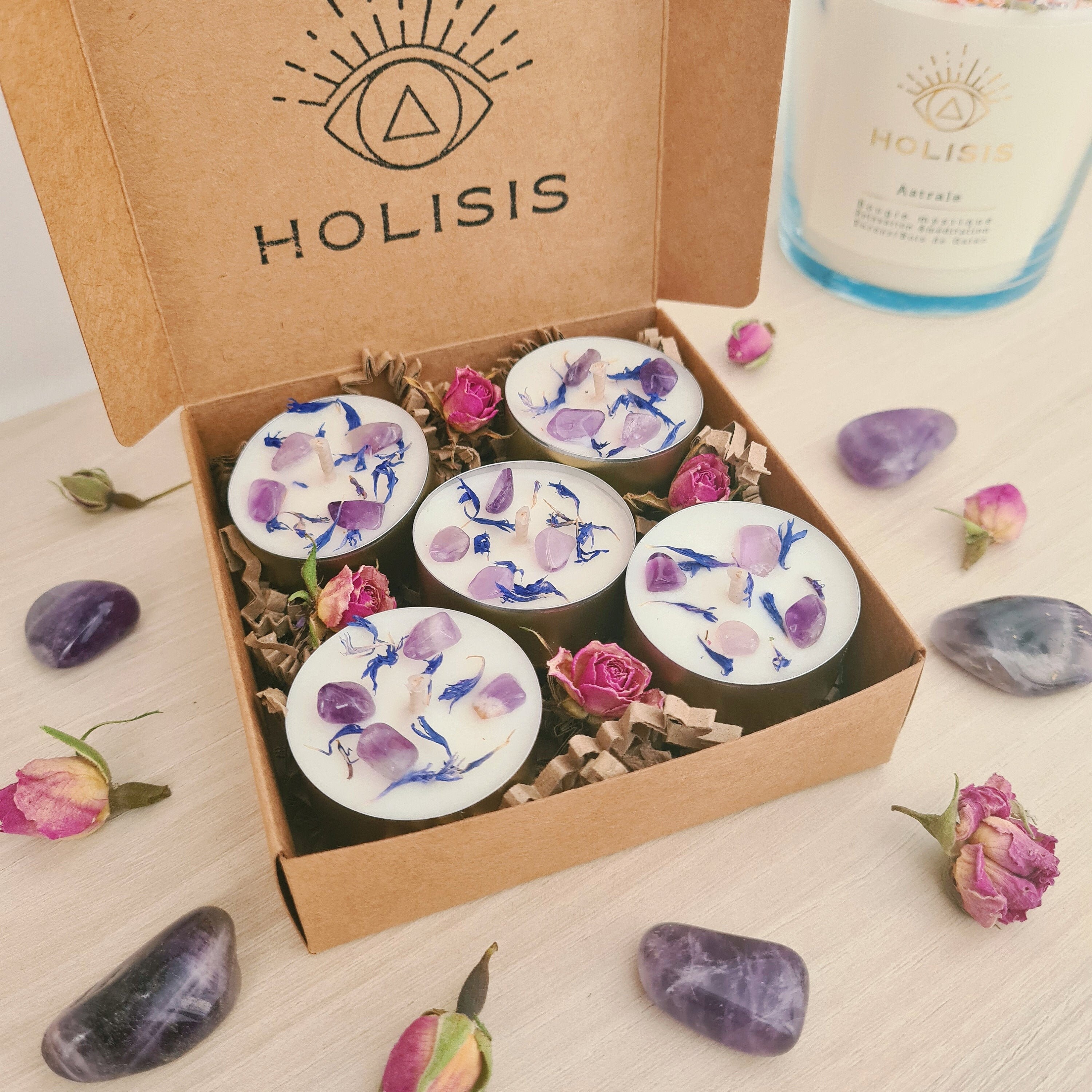 Coffret Bougies Chauffe-Plats Dorées Parfumées - Amethystes et Fleurs Séchés