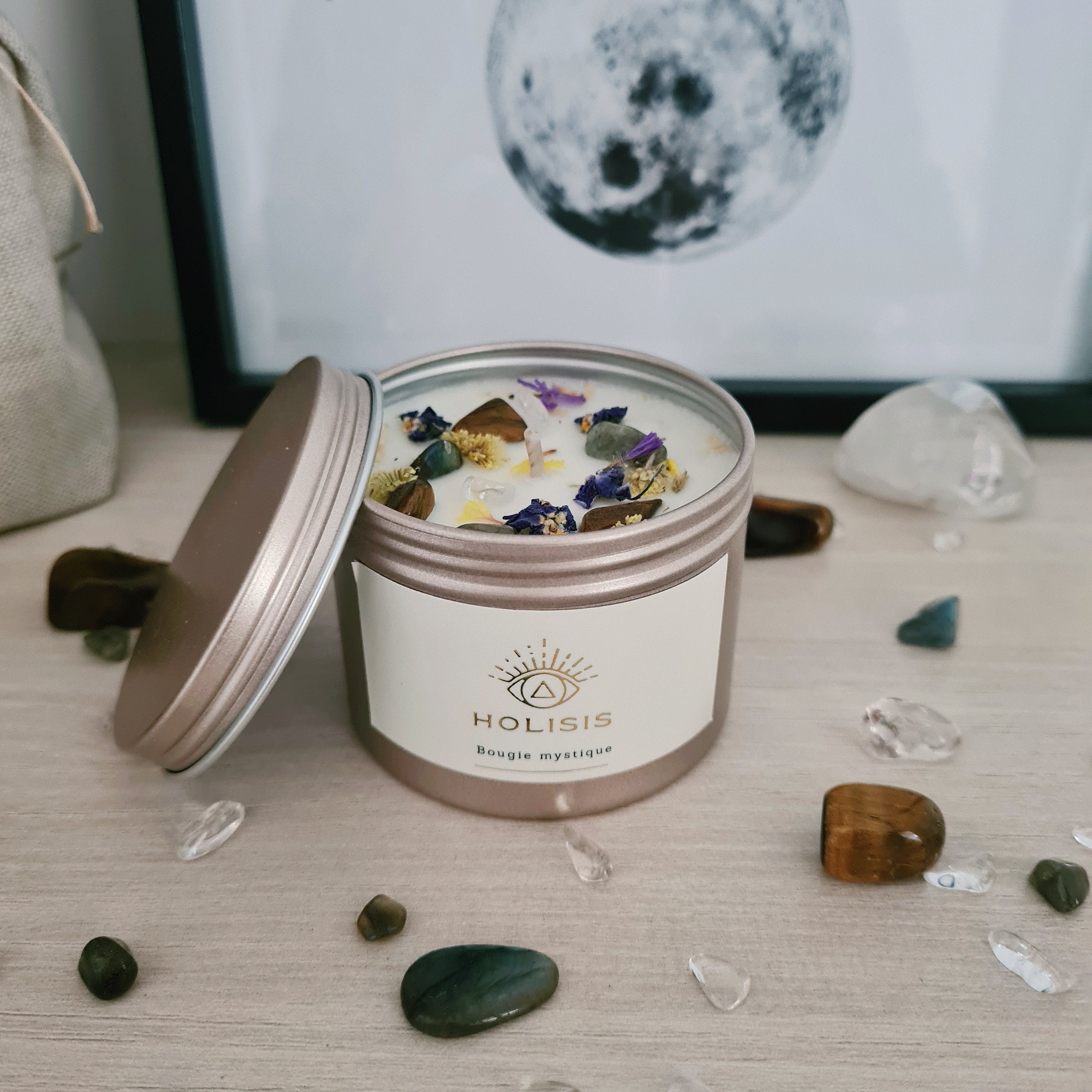 Bougie Mystique Karma - Protection Énergétique Patchouli & Bois de Santal Pierres Œil Tigre, Labrado