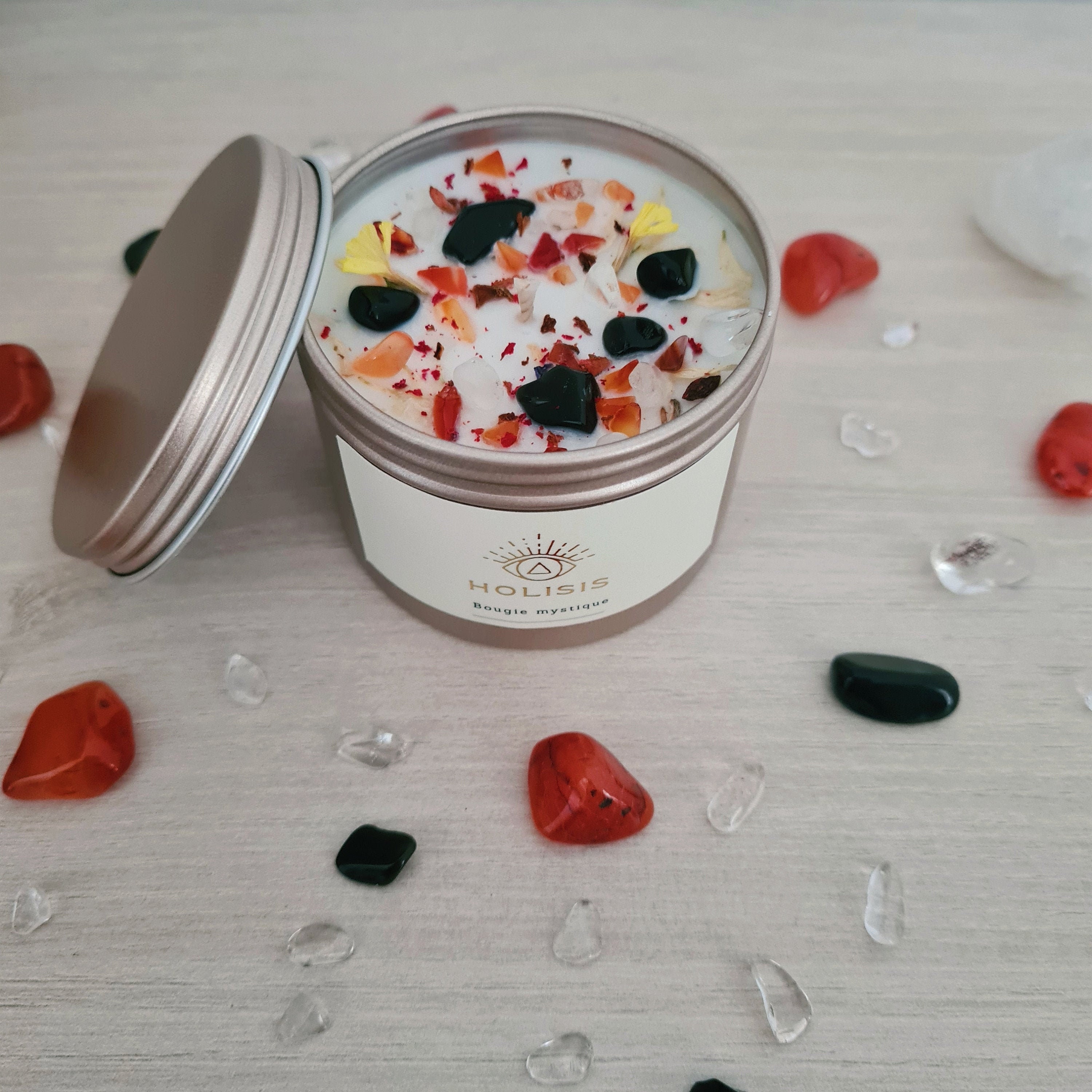 Bougie Mystique Gaia - Ancrage & Vitalité Parfum Pin, Cèdre Atlas Pierres Naturelles d'obsidienne No