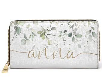 Personalized Zipper Wallet/custom clutch wallet/lovely women wallet/name initial wallet/floral botanical wallet/christmas gift/gift under 30