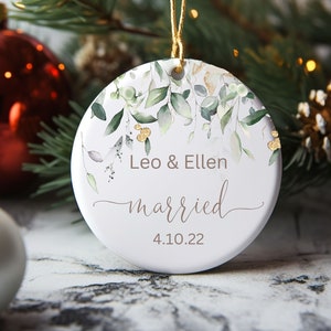 Personalized married Ceramic Christmas Ornament/our first Christmas Ornament/Botanical ornament/newly wed gift/custom ornament/keepsake gift