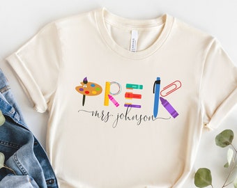 Pre-K Teacher T-shirt school supply alphabet/PreK teacher gift/preschool graduation gift/Pre-K crew team teaching shirt/back to school gift