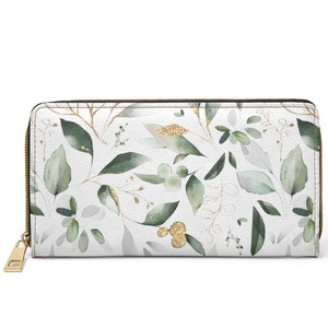 Cartera con cremallera botánica verde dorada/cartera de mano con cremallera/cartera floral botánica verde dorada/cartera de mujer/regalo de navidad/regalo por menos de 30 dólares/día de la madre