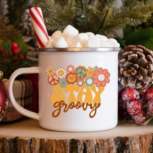 Retro Stay Groovy Enamel Camping Mug/retro flower 70s mug/hippie boho mug/peace sign mug/motivational mug/stocking stuffer/secret santa gift