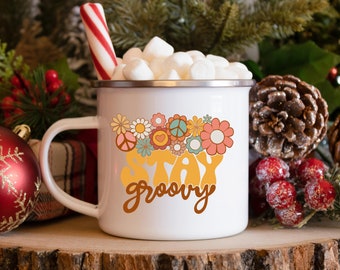 Retro Stay Groovy Enamel Camping Mug/retro flower 70s mug/hippie boho mug/peace sign mug/motivational mug/stocking stuffer/secret santa gift