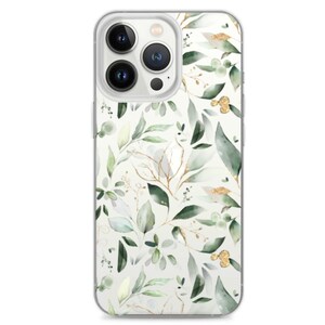 May include: A clear phone case with a floral design featuring green leaves and gold accents.