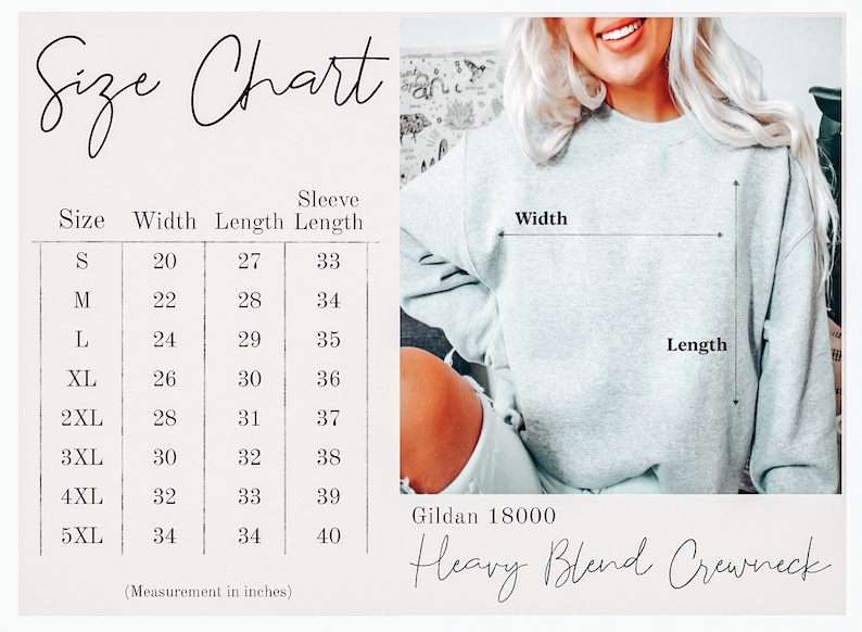 May include: Size chart for a Gildan 18000 Heavy Blend Crewneck sweatshirt. The chart shows measurements in inches for width, length, and sleeve length for sizes S through 5XL.