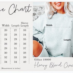 Puede incluir: Tabla de tallas para una sudadera Gildan 18000 Heavy Blend Crewneck. La tabla muestra las medidas en pulgadas para el ancho, la longitud y la longitud de la manga para las tallas S a 5XL.