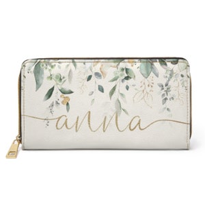 Cartera con cremallera personalizada/cartera de mano personalizada/cartera con diseño floral botánico dorado y verde/cartera con inicial de nombre/cartera de mujer/regalo de Navidad/regalo por menos de 30 dólares