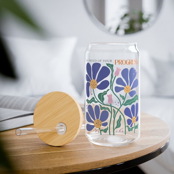 Be proud of your progress Inspirational Sipper Glass/it's a good day to have a good day sipper glass/affirmation mug/BOHO retro sipper glass
