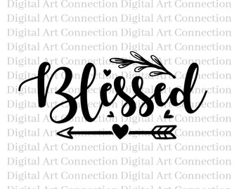 May include: Black and white digital design featuring the word "Blessed" in a cursive font with a heart and arrow. The design includes a small floral element.