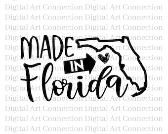 May include: Black and white graphic with the text "MADE IN Florida" in a cursive font. The word "IN" is inside an arrow pointing towards a heart-shaped design and the outline of the state of Florida. The bottom of the image has file type abbreviations.