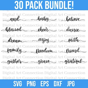 Pacote SVG de palavras de caligrafia com 30 pacotes, pacote Word SVG, palavras estilizadas svg, pacote de palavras svg, pacote de texto svg, arquivos Cricut Cut