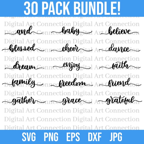 30 Pack Calligraphy Words SVG Bundle, Word SVG Bundle, Stylized Words svg, Words Bundle svg, Text Bundle svg, Cricut Cut Files