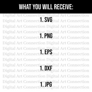 May include: A digital download listing for a graphic design file. The listing includes five different file formats: SVG, PNG, EPS, DXF, and JPG.