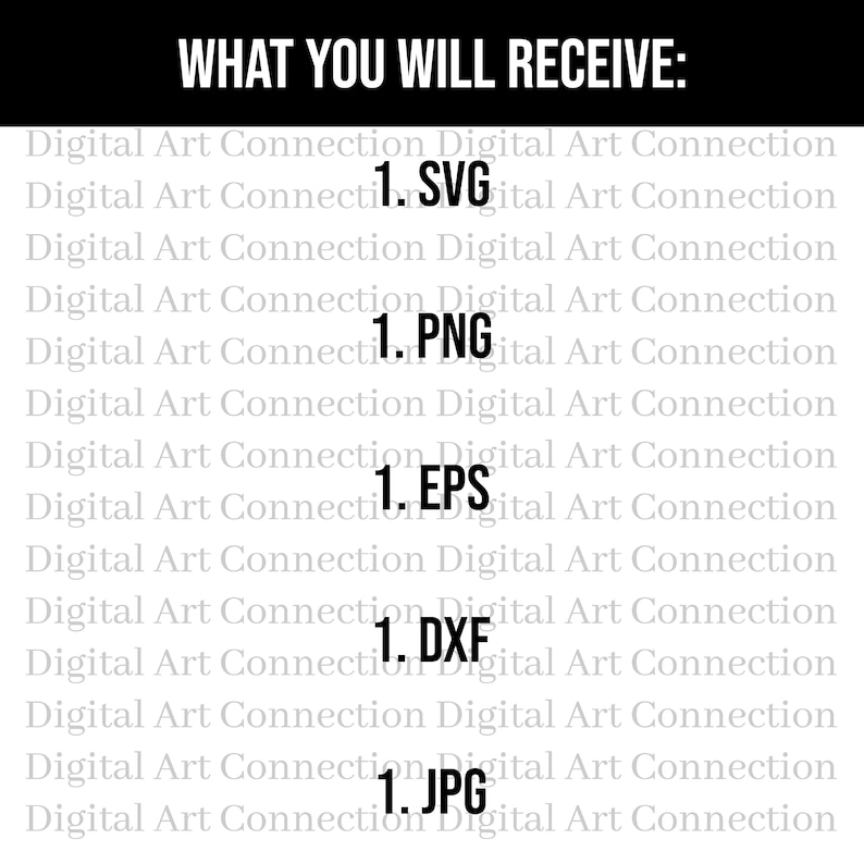 May include: A digital download listing for a graphic design file. The listing includes five different file formats: SVG, PNG, EPS, DXF, and JPG.