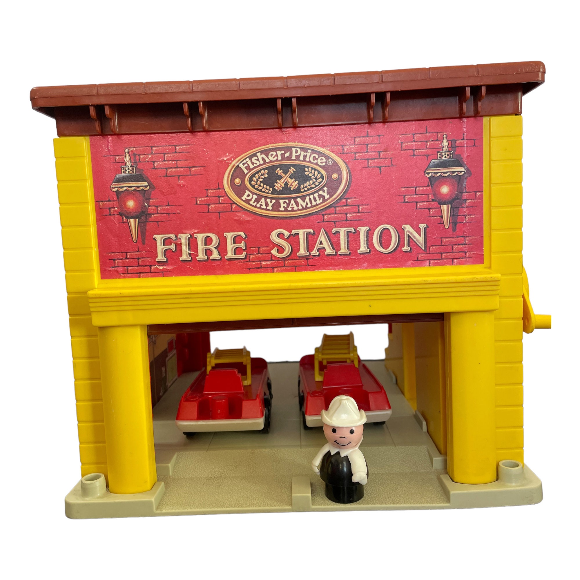 Vintage Fisher Price Red Fire Station Little People Fire Trucks