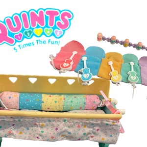 Vintage Quints Mini Dolls | Tyco | 1990s | 5 times the FUN | Carriage Stroller | Bath Towels | Guitars  | Bottles | Pillows and Blankets