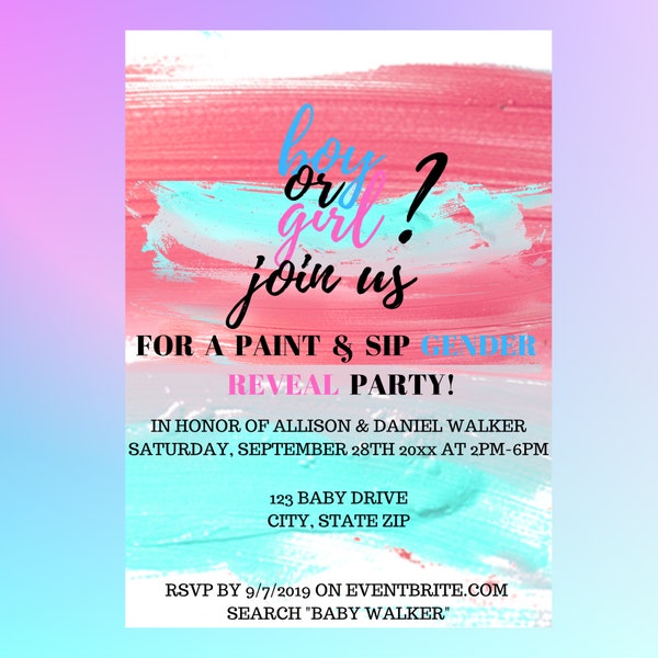 Gender Reveal Party | Paint and Sip | Digital Download | Free Canva Account Certified |