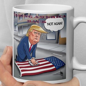 Patriotic cartoon mug Trump ironing American flag Taking America Back funny political humor mug gift for Republicans Democrats Trump 2024