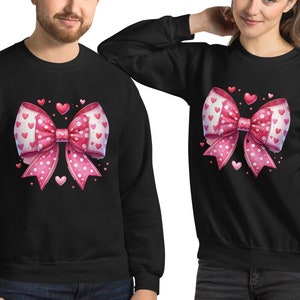 Cute Pink Bow Hearts Sweatshirt, Adorable White Polka Dot Pattern, Cozy Valentine&#39;s Day Gift, Whimsical Love Theme Pullover Coquette Gift