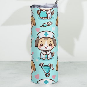 Lindo vaso de dibujos animados de cachorro de enfermera, adorable taza con diseño de perro médico, divertido regalo de veterinario, perfecto para amantes de los animales, obra de arte única, regalo MA