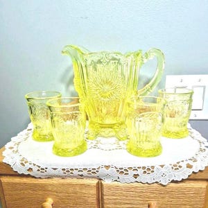 Mosser Vaseline Uranium Glass Dahlia Pattern Juice Water Pitcher with 4 Drinking Glasses