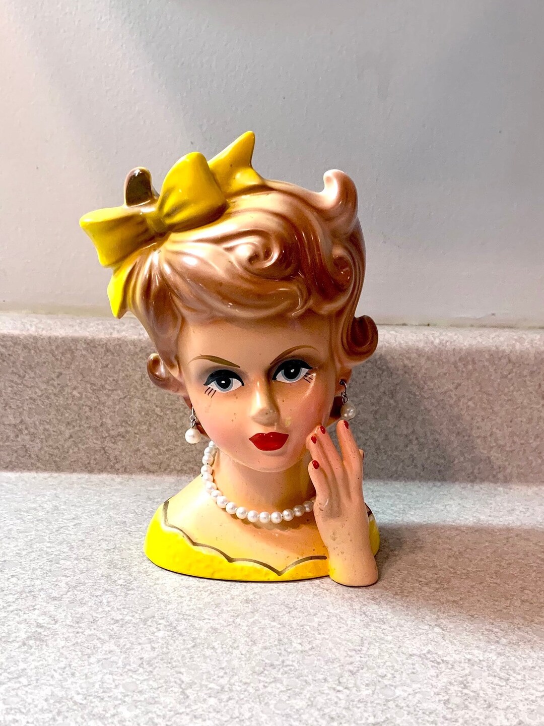 Vintage Rubens Lady Head Vase Planter Woman Pearls Yellow Bow Hand