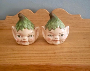 Vintage Christmas Pixie Elf Head Salt and pepper Shakers