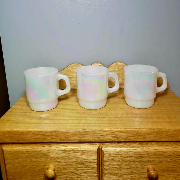 Très RARE Aurora Iridescent Fire King Mugs empilables des années 1950 Moonglow Iridescent Opalescence