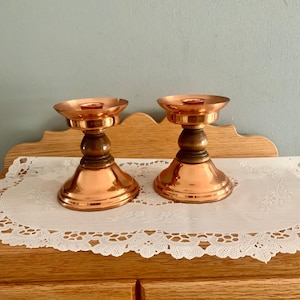 Vintage Wood Pillar Copper Candle Holders 1960&#39;s