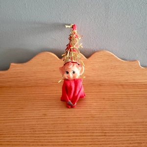 Vintage Christmas Red Elf Knee Hugger Ornament Tall Hat Shelf Sitter