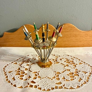 Vintage Sword Shaped Hors D'oeuvres Cocktail Picks in Holder Mid Century Barware