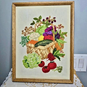 Vintage Crewel Veggie Embroidered Wall Art Hanging
