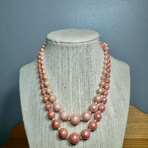 Vintage Metallic Light Pink or Peach Beaded choker necklace Double Strand