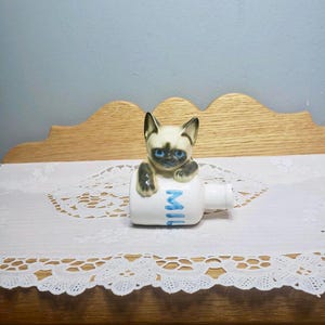 Vintage Siamese Kitten on Milk Bottle Ceramic Figurine Bone China