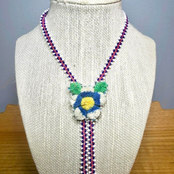 Vintage Handmade Beaded Necklace with Moose hair Tufting Flower Necklace