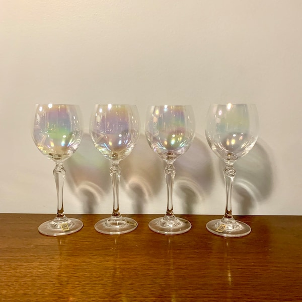 Slovakia Crystal 1970’s iridescent Wine Goblets Gift Rainbow Wine Glasses set of 4