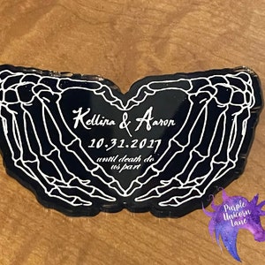 Engraved Skull Hands (Heart) Acrylic Magnet - Save The Date/Halloween Wedding/Personalized Save the Date Magnets/Spooky Wedding Invite