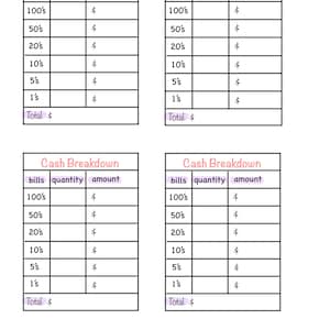 Cash breakdown digital download printable